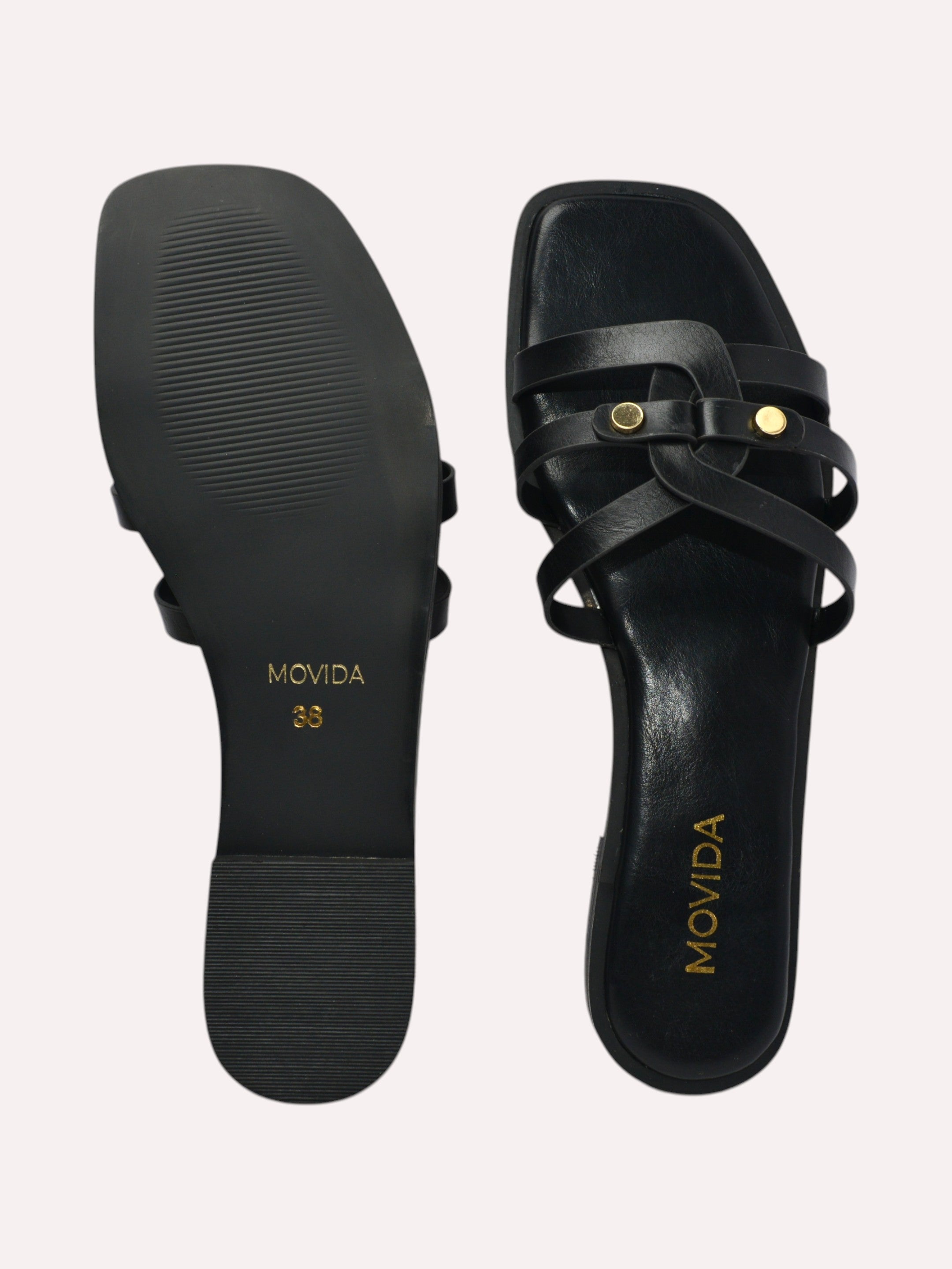 Trio Gold Rivet Triple Strap Flat Slide – Black