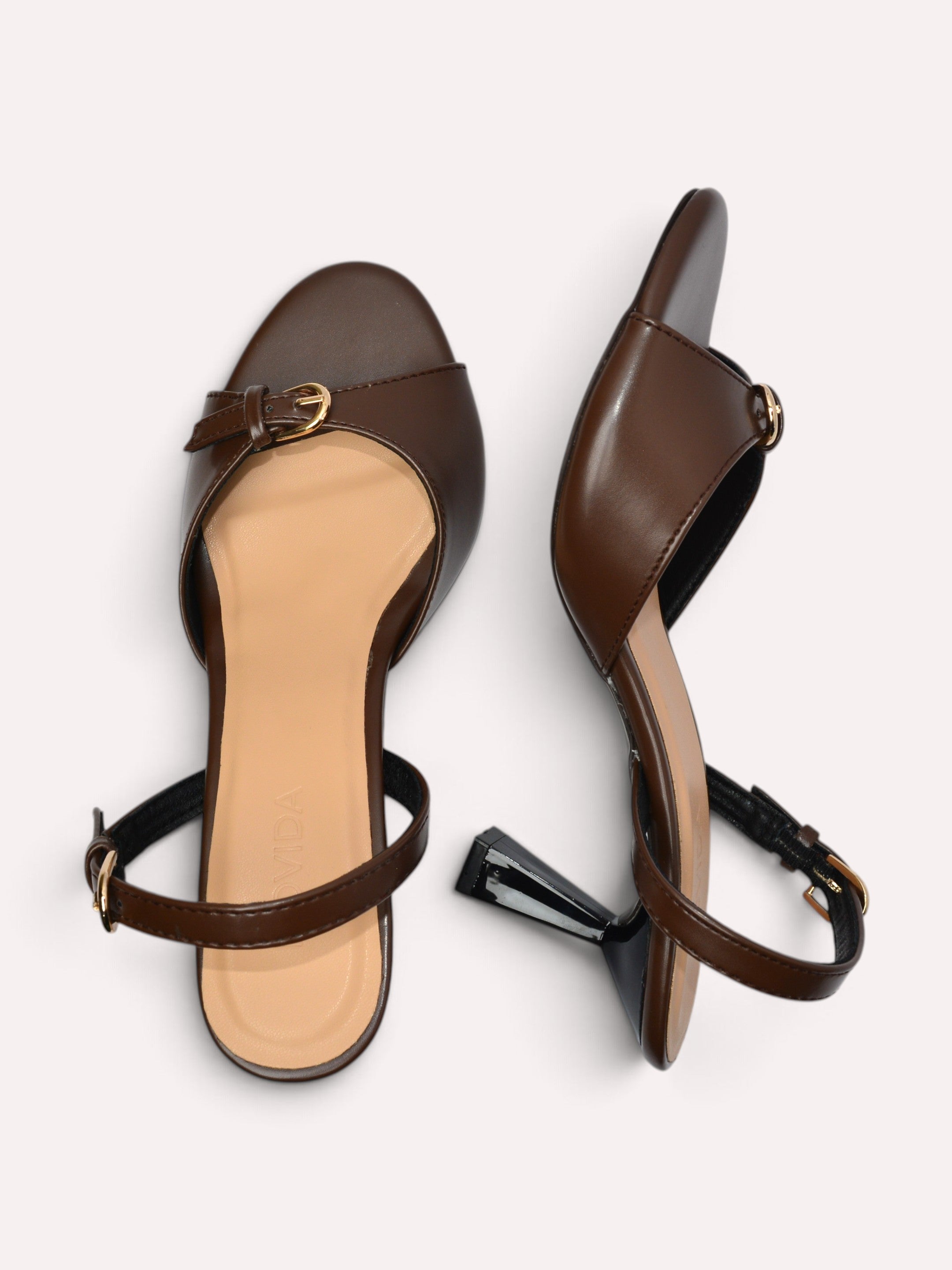 Elara Gold Buckle Strap Trumpet Heel Slingback – Brown