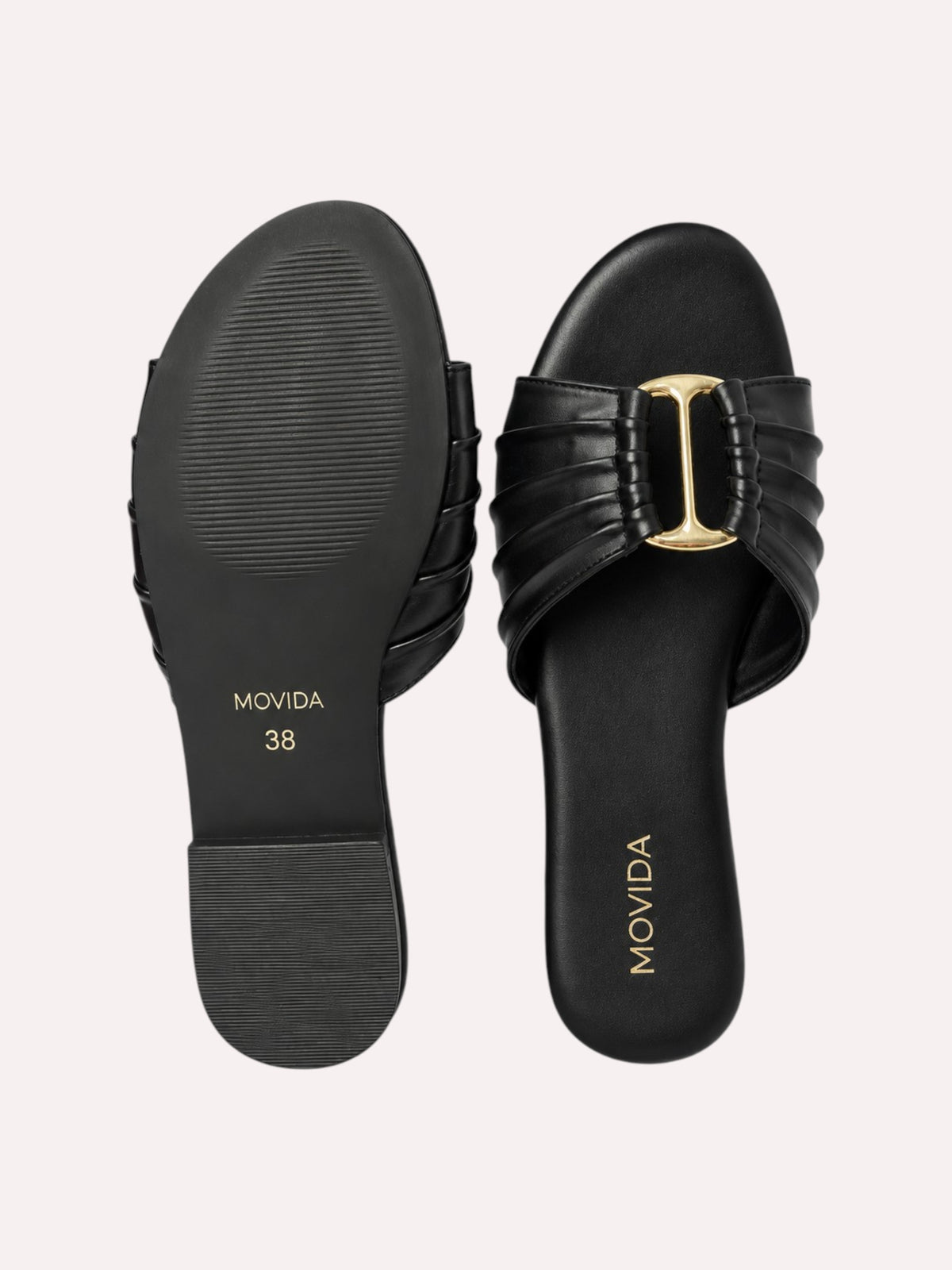 Plisse Gold-Bar Multi-Strap Flat Slide – Black