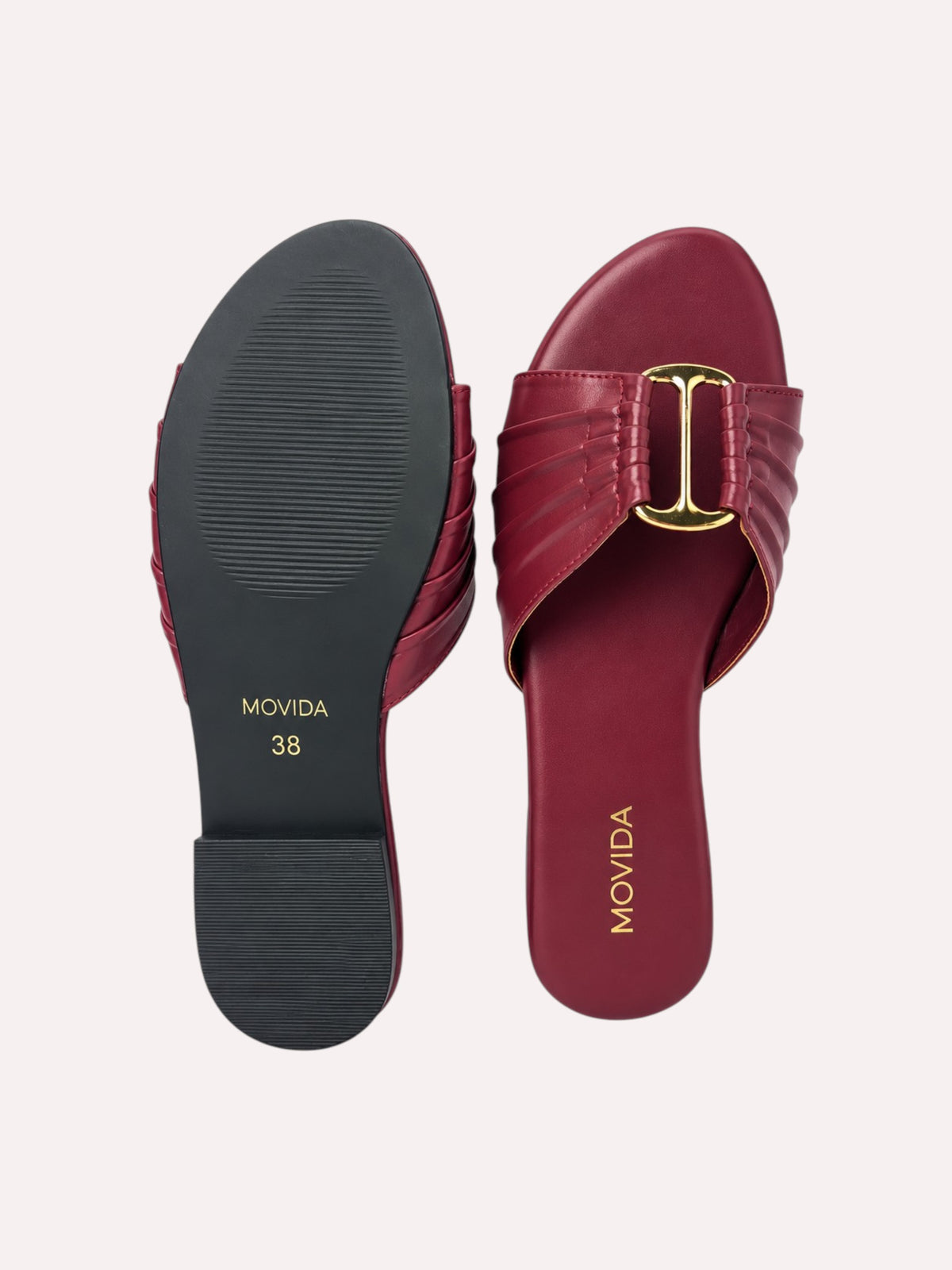 Plisse Gold-Bar Multi-Strap Flat Slide – Maroon