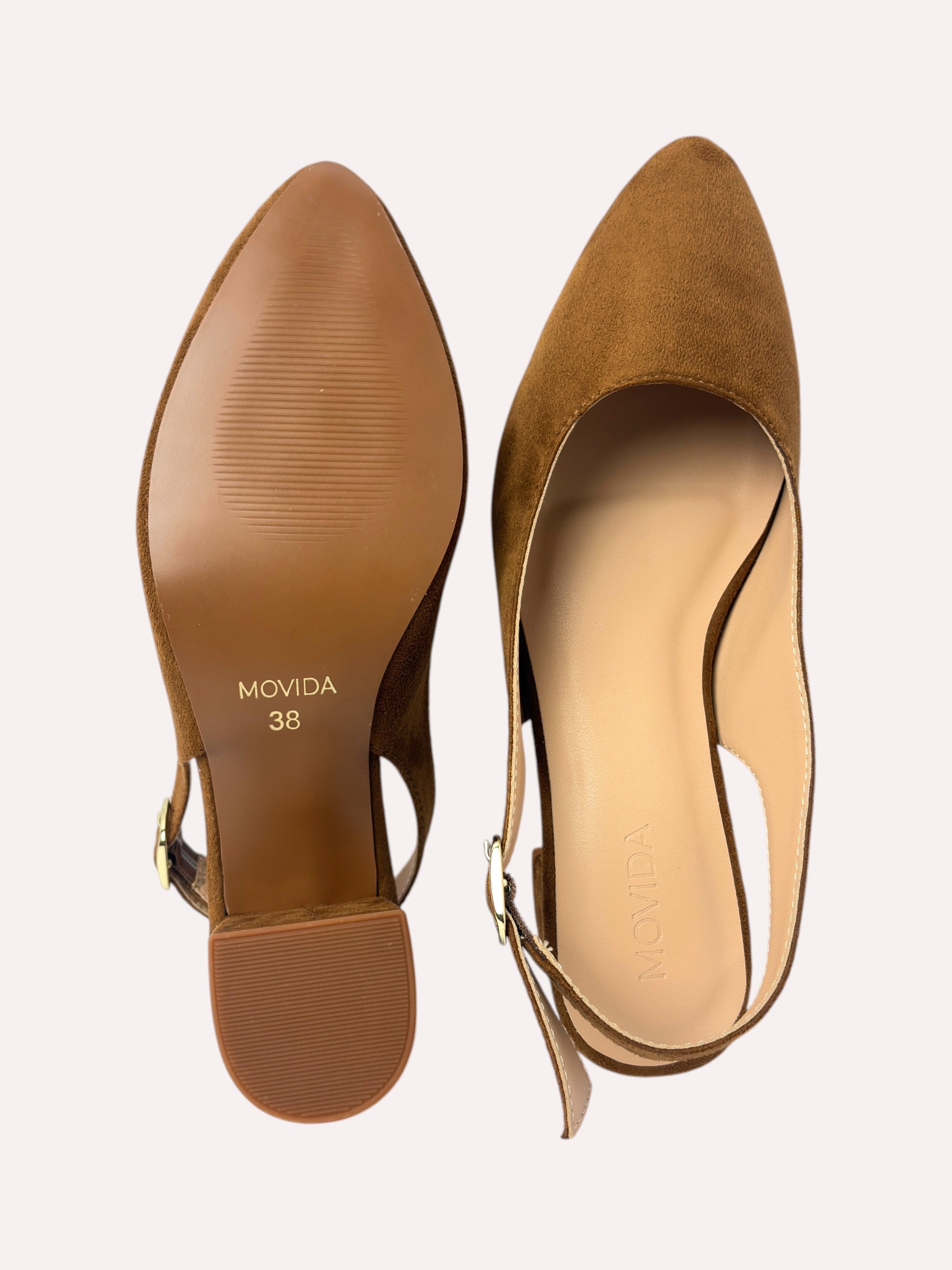 Bardot Pointed-Toe Slingback Block Heel – Tan