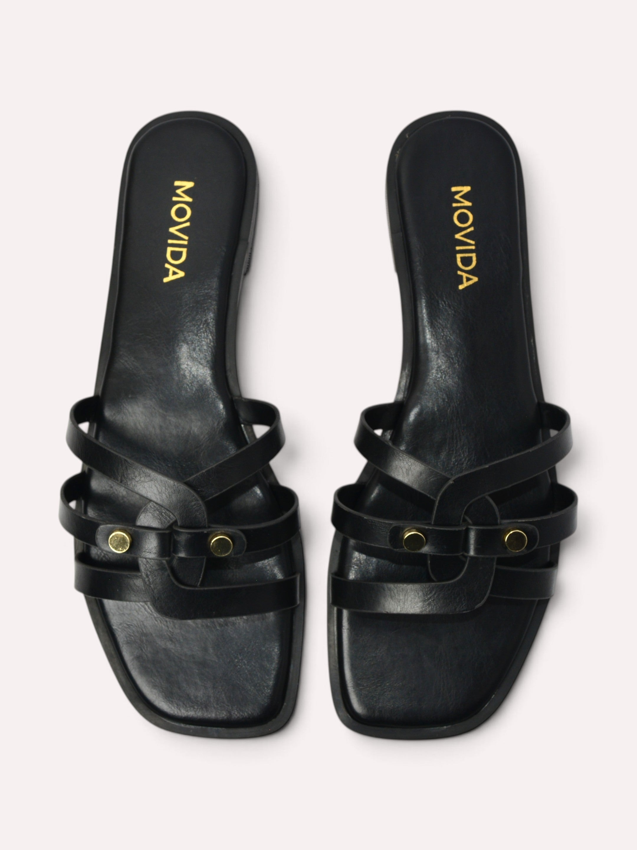 Trio Gold Rivet Triple Strap Flat Slide – Black