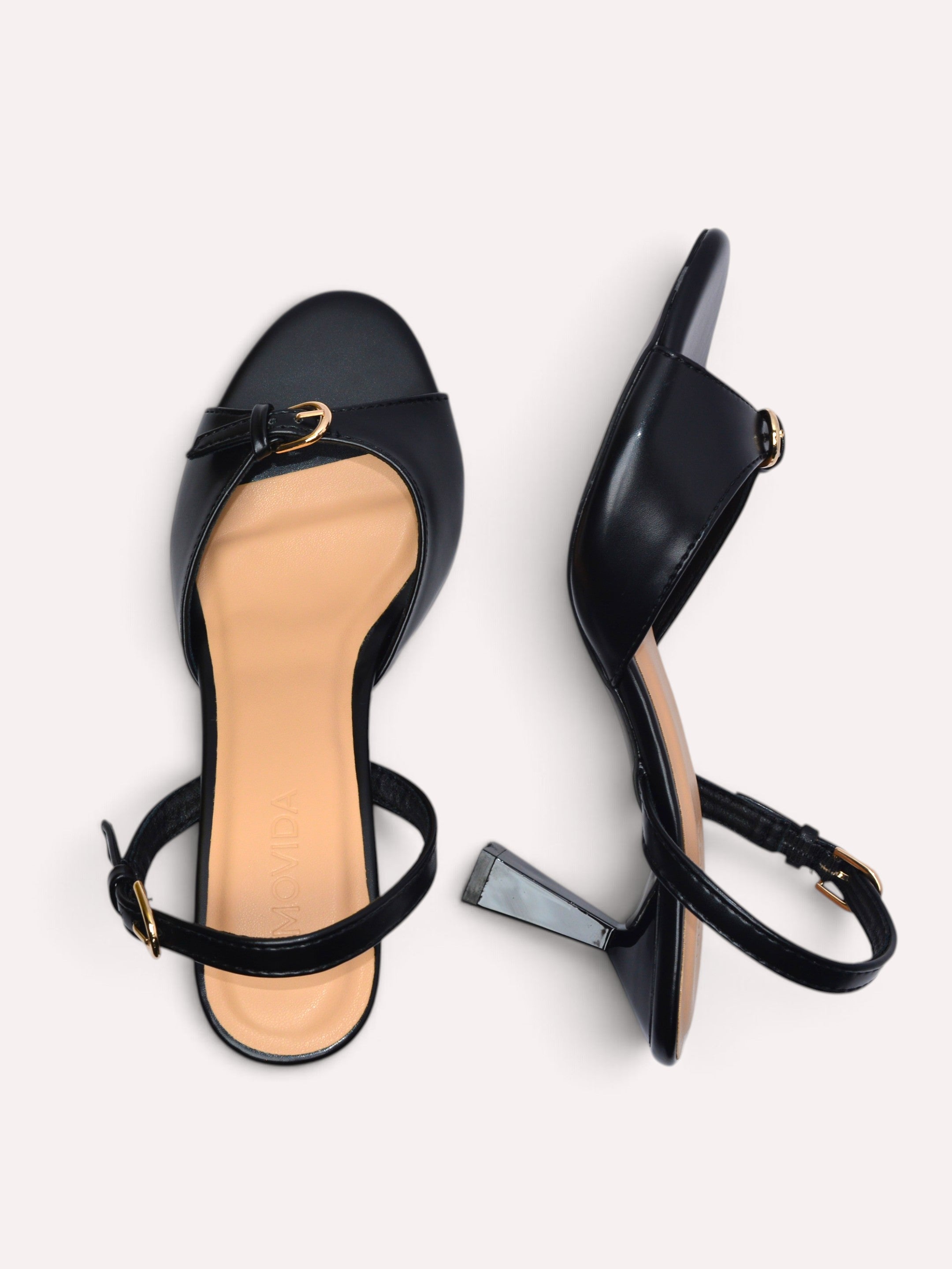 Elara Gold Buckle Strap Trumpet Heel Slingback – Black