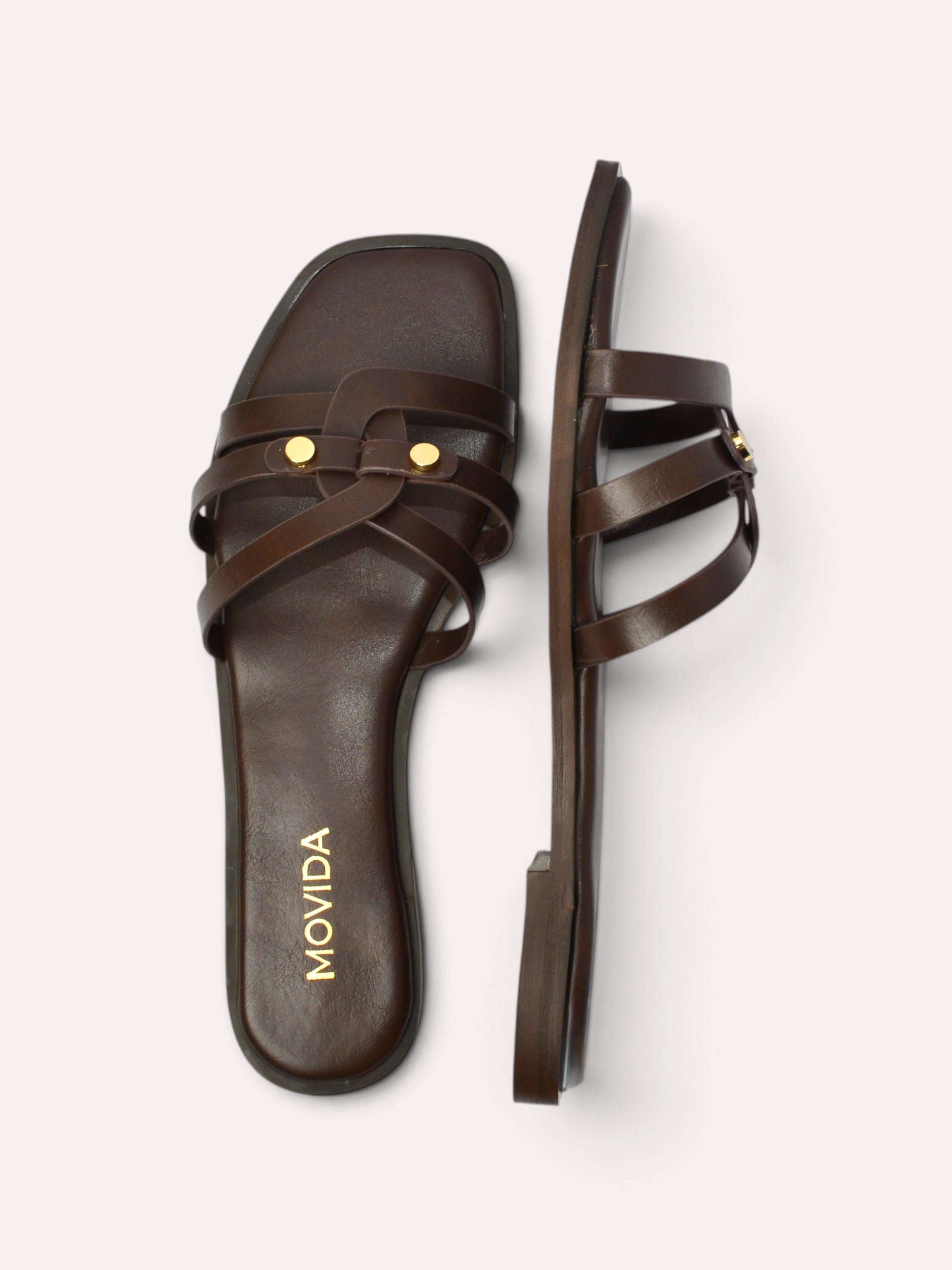 Trio Gold Rivet Triple Strap Flat Slide – Brown