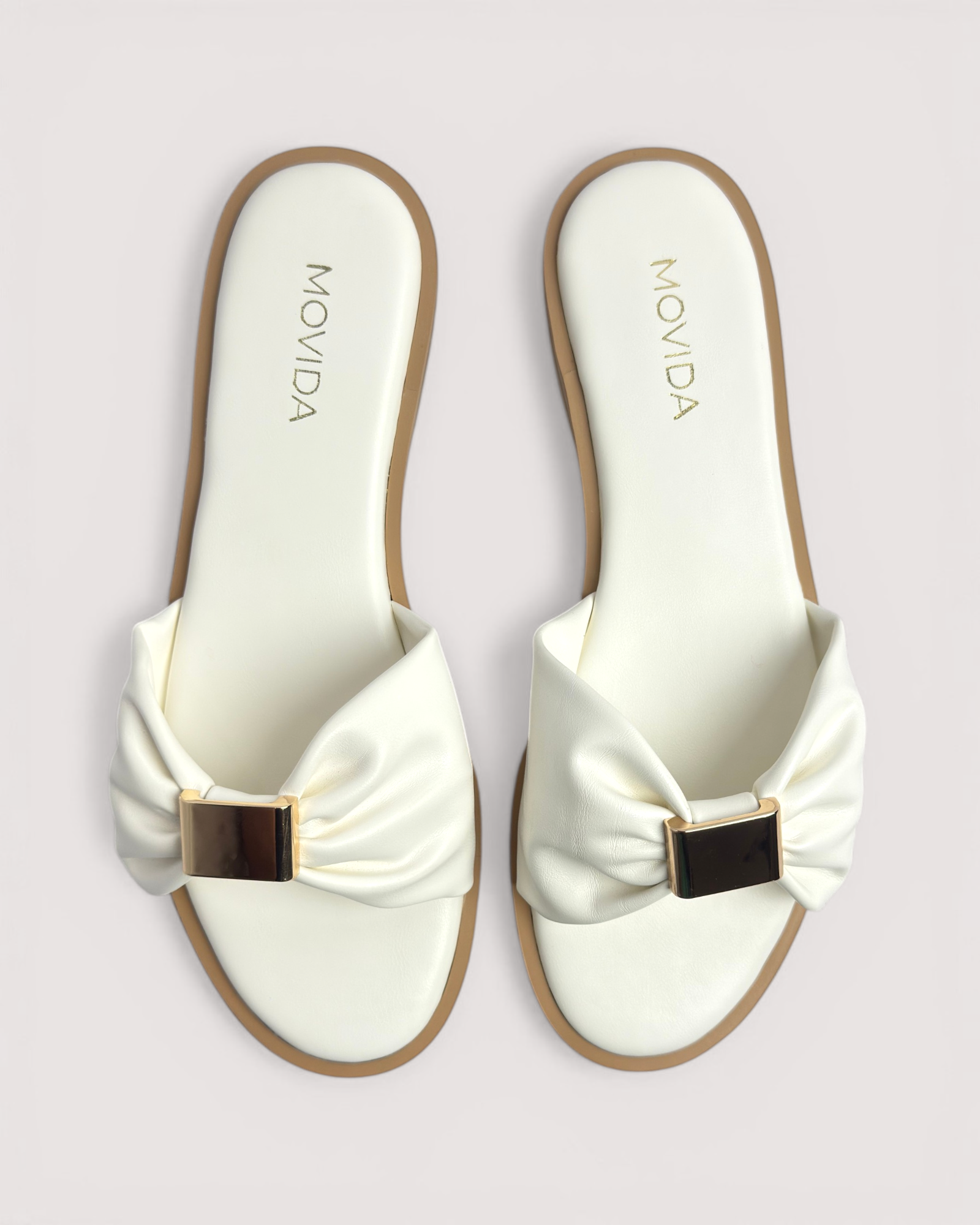 Lumi Ruched Bow-Strap Flat Slide Sandals – White