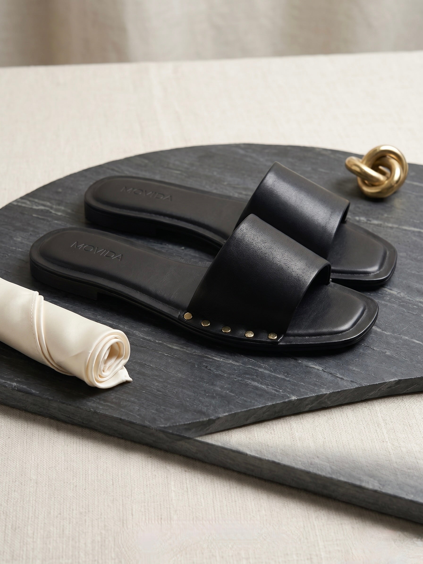Kira Stud Flat Slide – Black