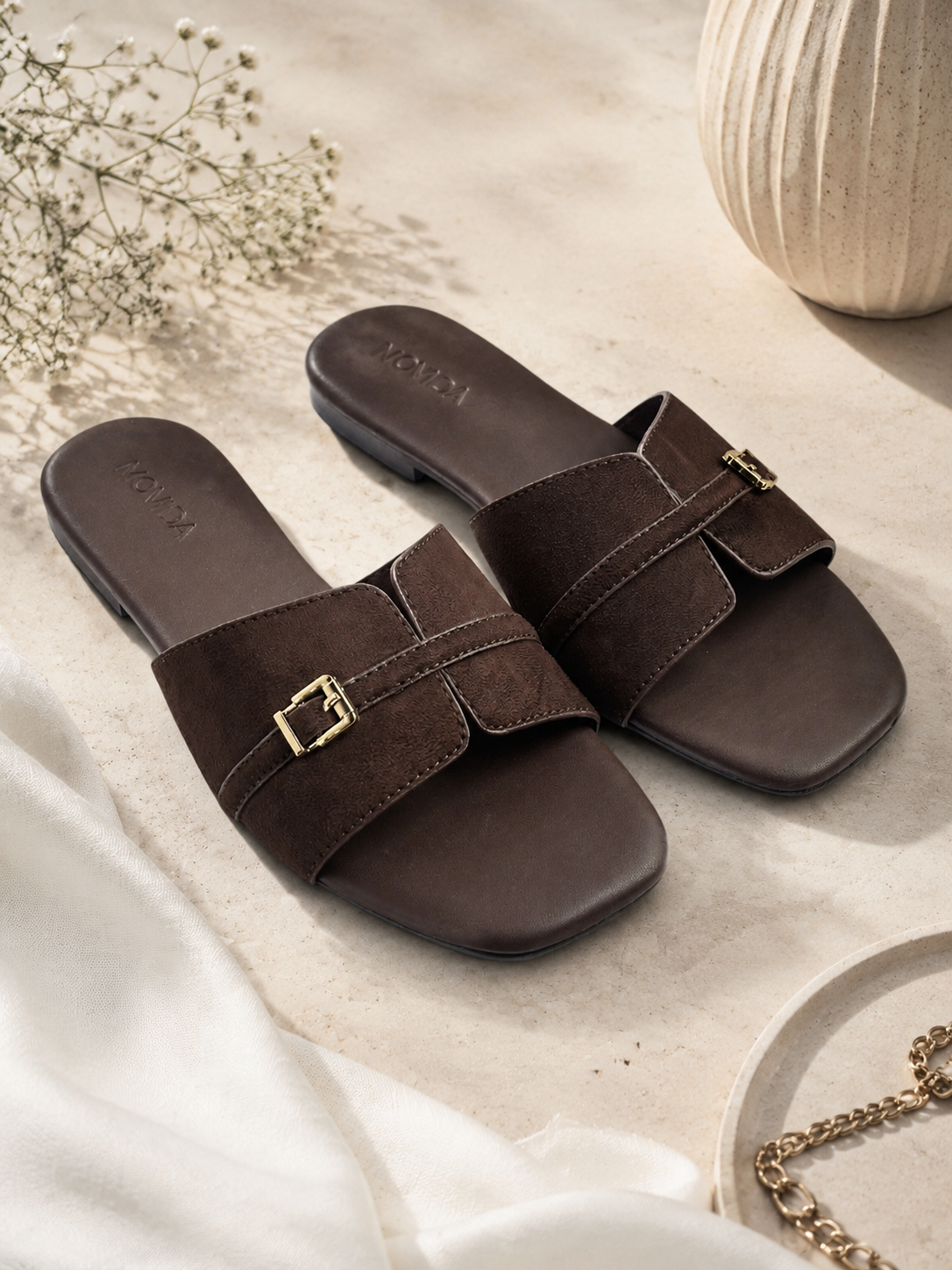 Lucia Buckle Flat Slide-Brown