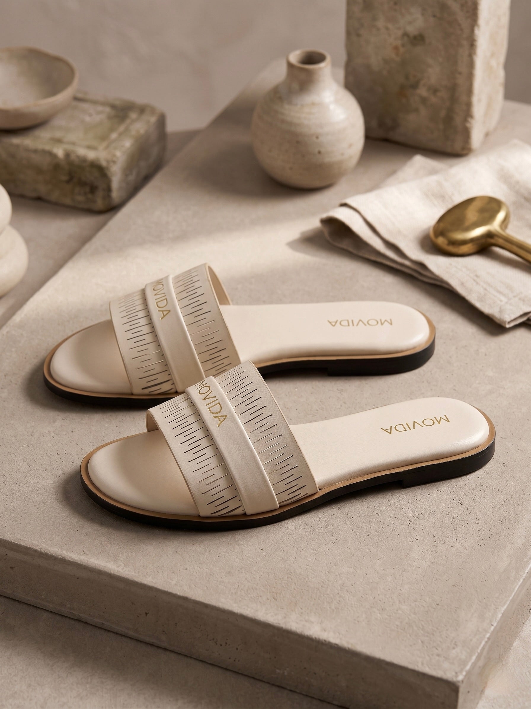 Lara Perforated Logo Strap Flat Slide – Cream