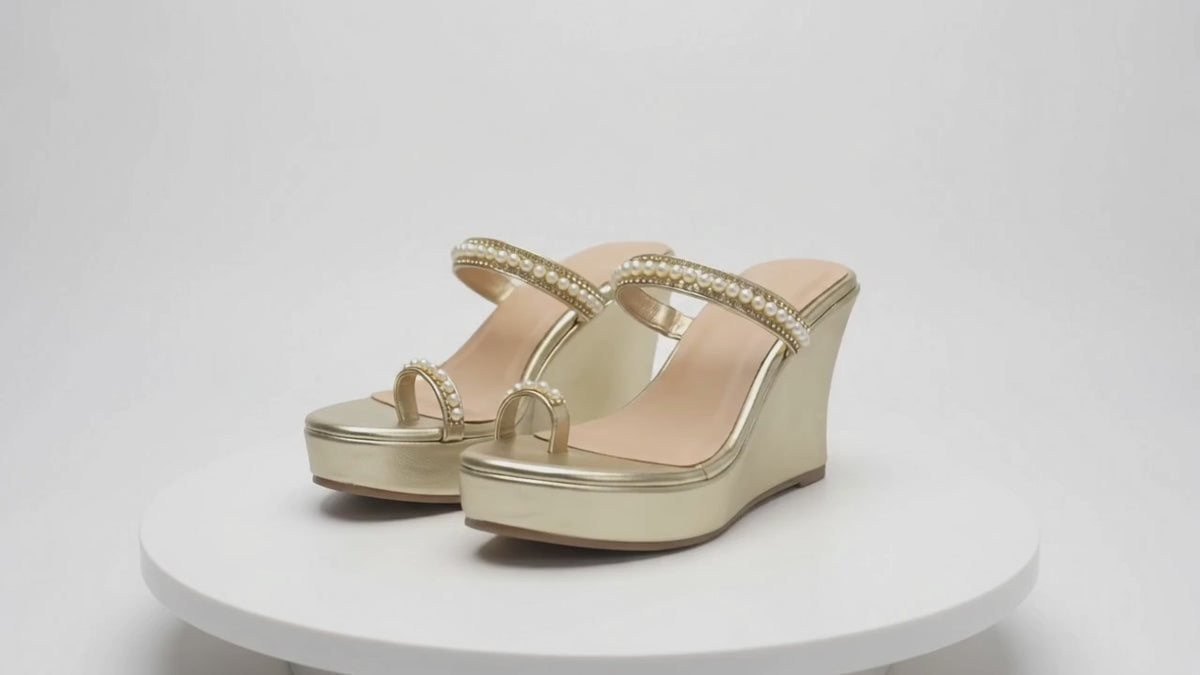  Zara Pearl Crystal Toe Ring Wedge Mule – Gold