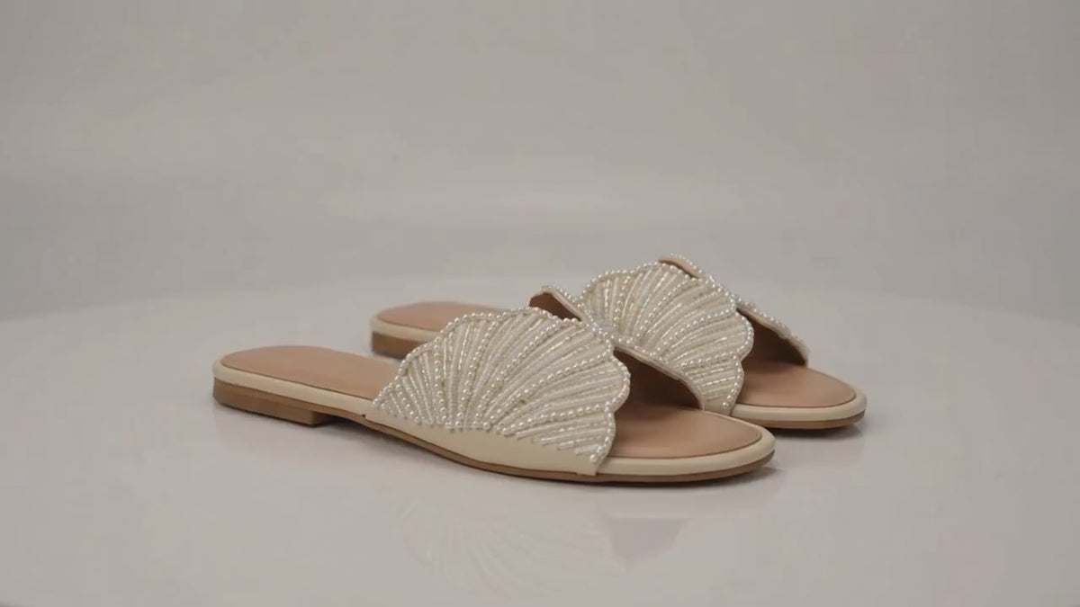 Lyra Pearl Embellished Wing Flat Slide – Cream