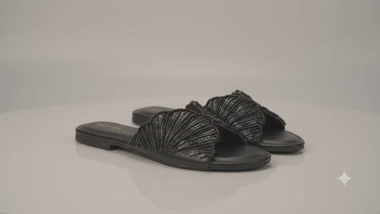 Lyra Pearl Embellished Wing Flat Slide – Black