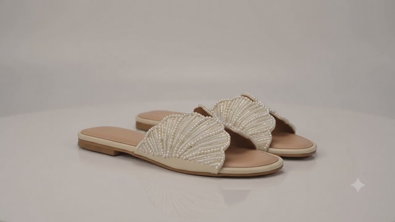 Lyra Pearl Embellished Wing Flat Slide – Cream