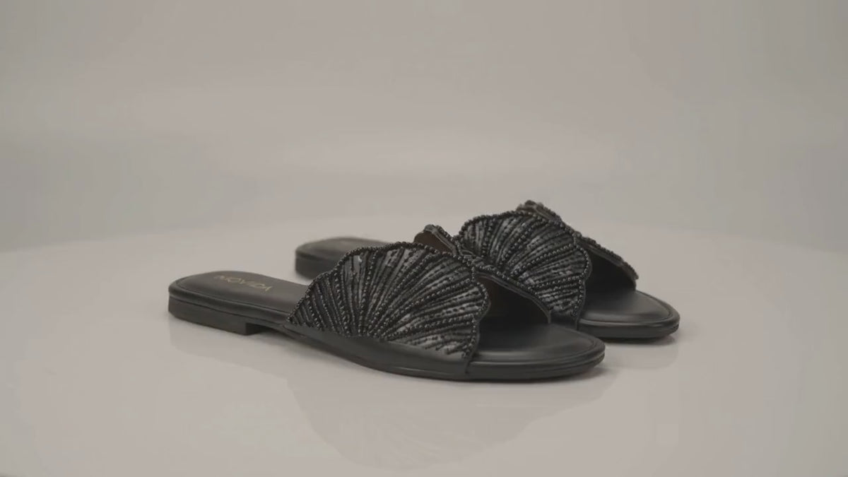 Lyra Pearl Embellished Wing Flat Slide – Black