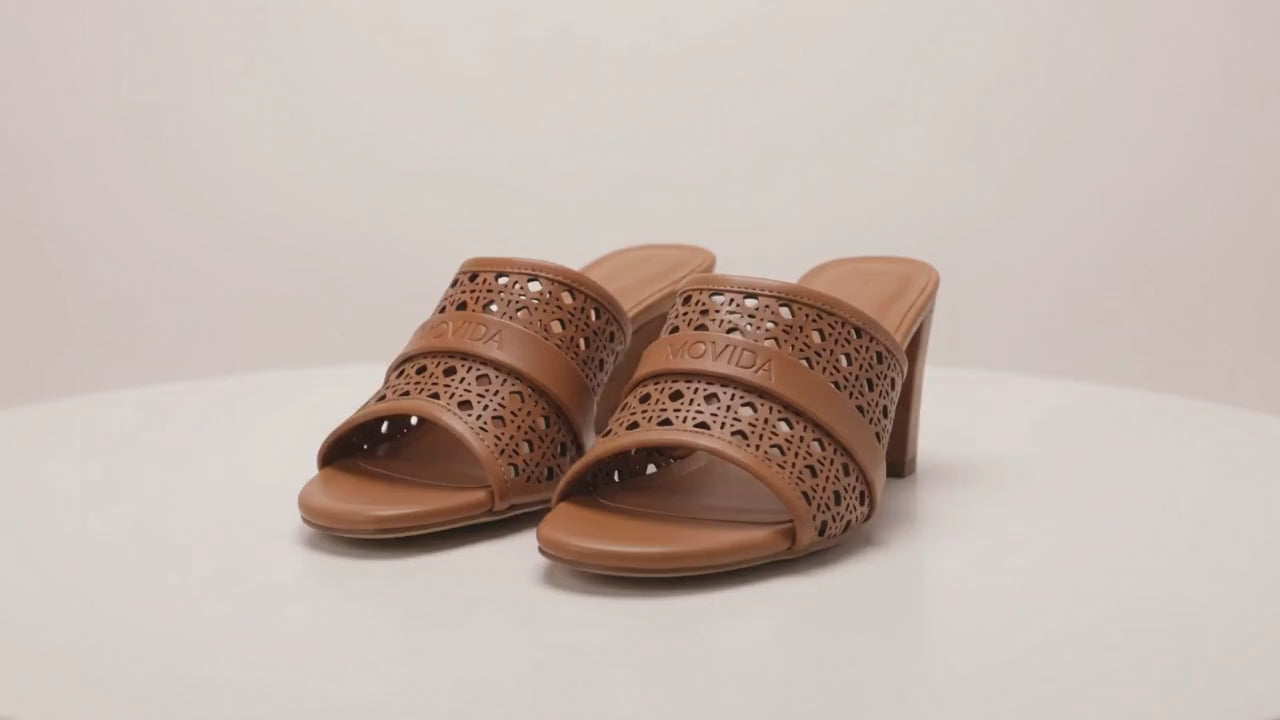 Canela Laser-Cut Mule Block Heel – Tan