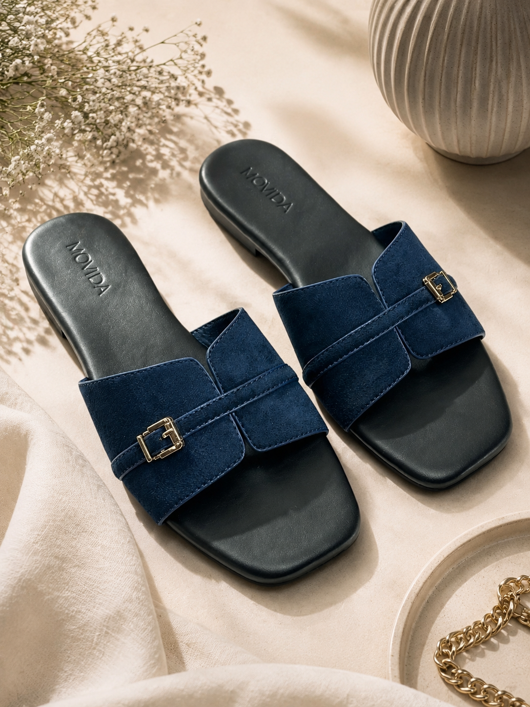 Lucia Buckle Flat Slide-Blue