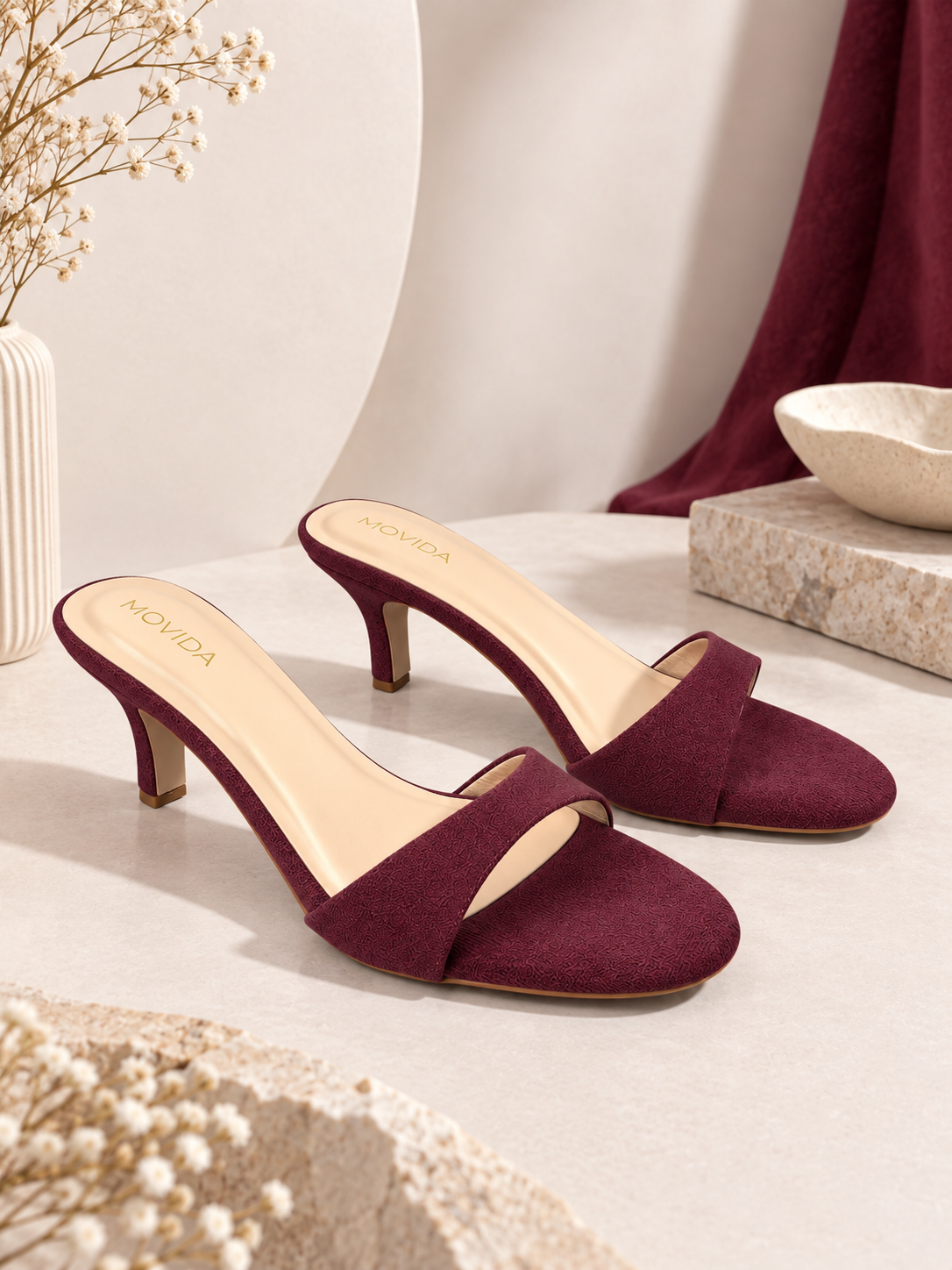 Rosette Suede Single Strap Kitten Heel Mule – Maroon