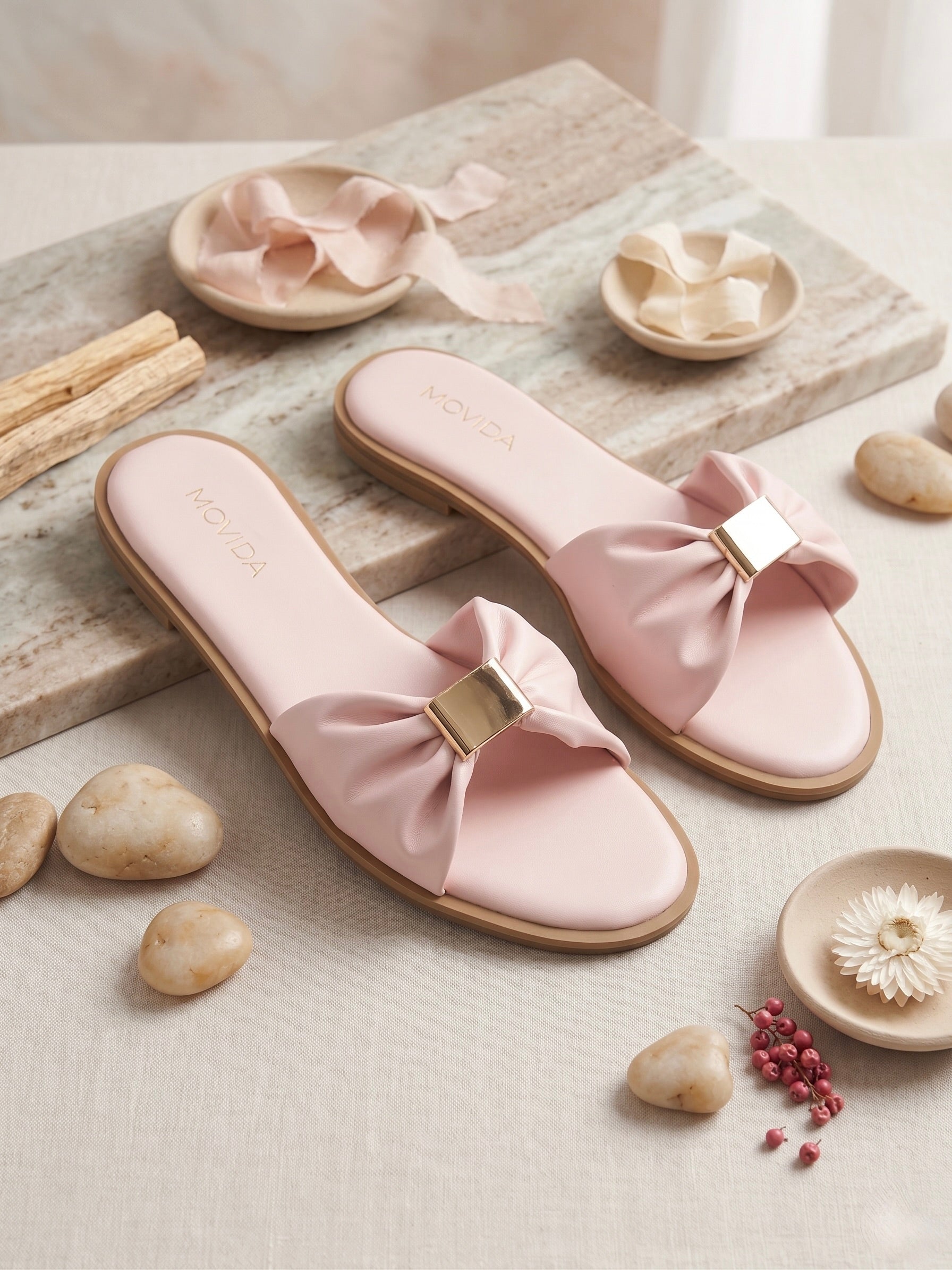 Lumi Ruched Bow-Strap Flat Slide Sandals – Pink