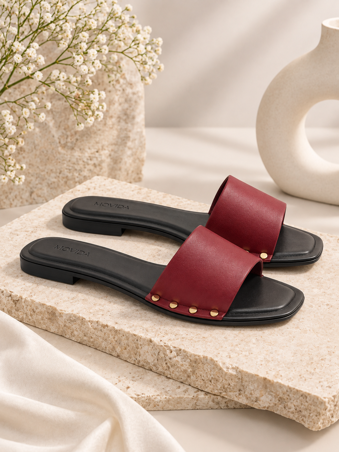 Kira Stud Flat Slide – Maroon