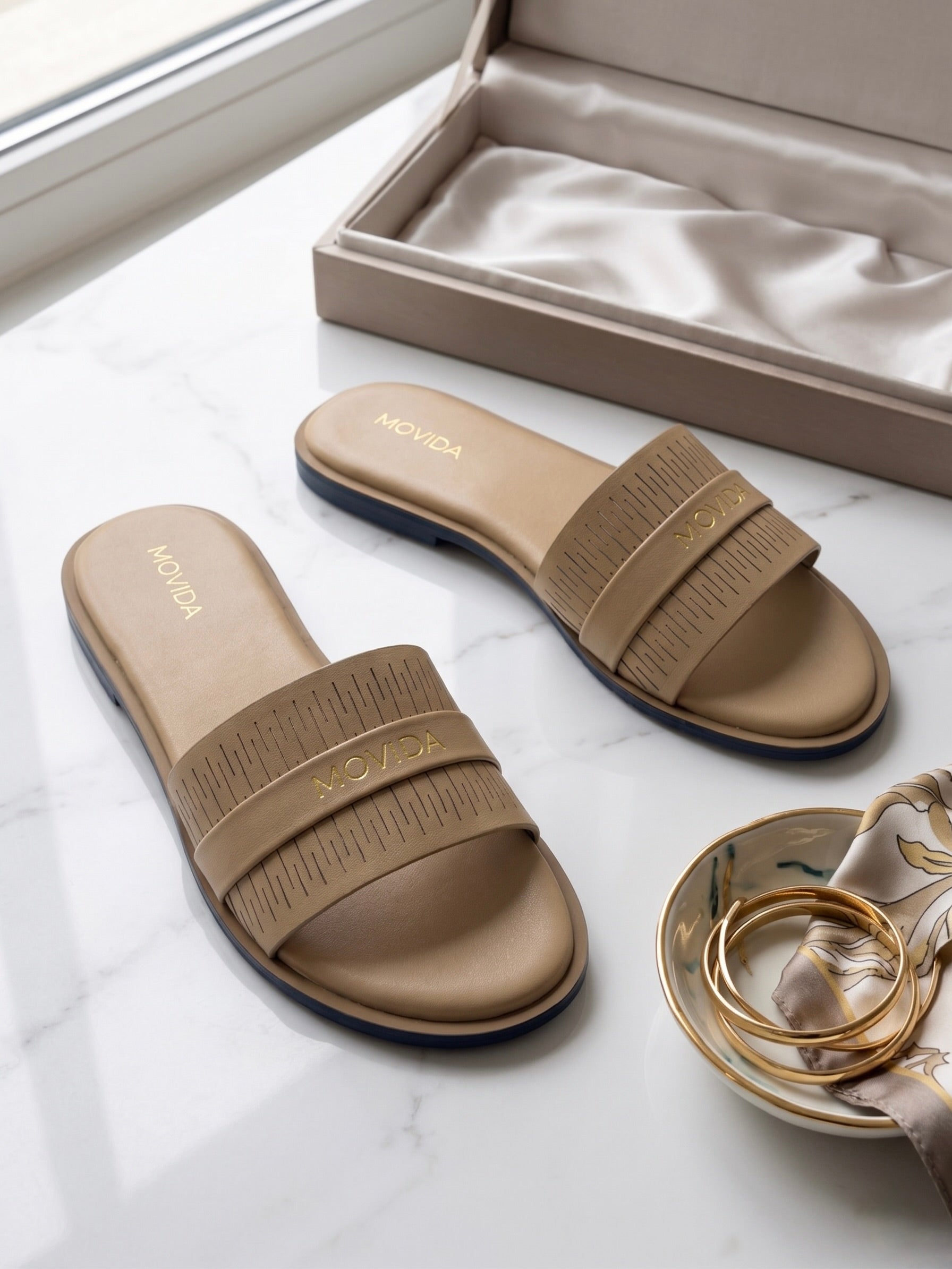 Lara Perforated Logo Strap Flat Slide – Camel