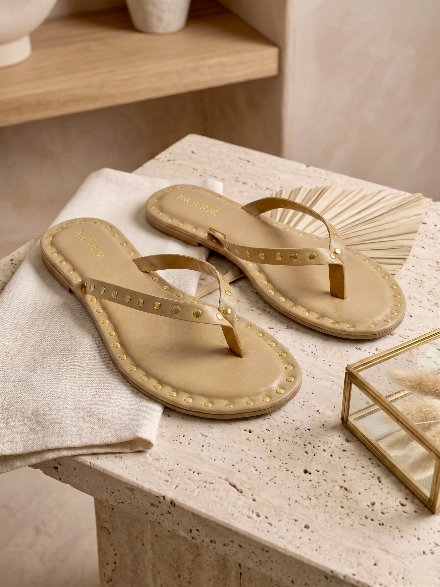 Flat V Straps Strap with Studs Sandal - Light Tan