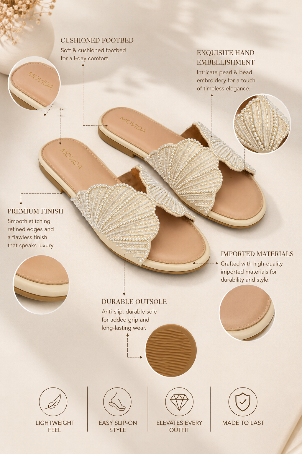 Lyra Pearl Embellished Wing Flat Slide – Cream
