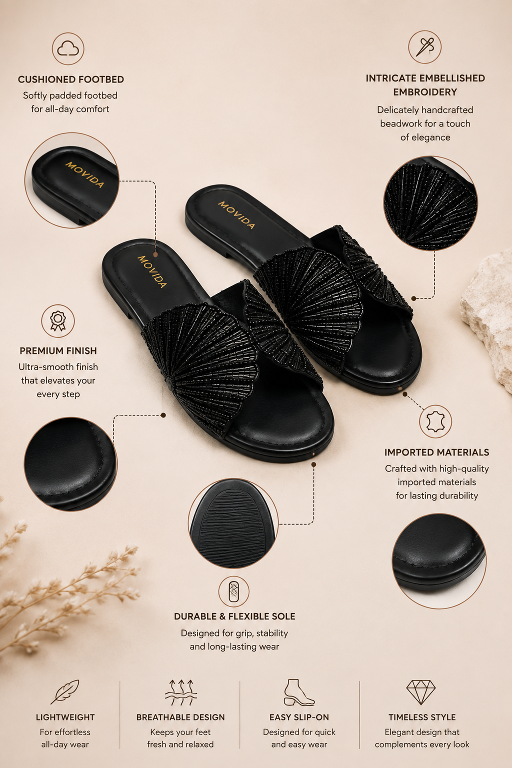 Lyra Pearl Embellished Wing Flat Slide – Black
