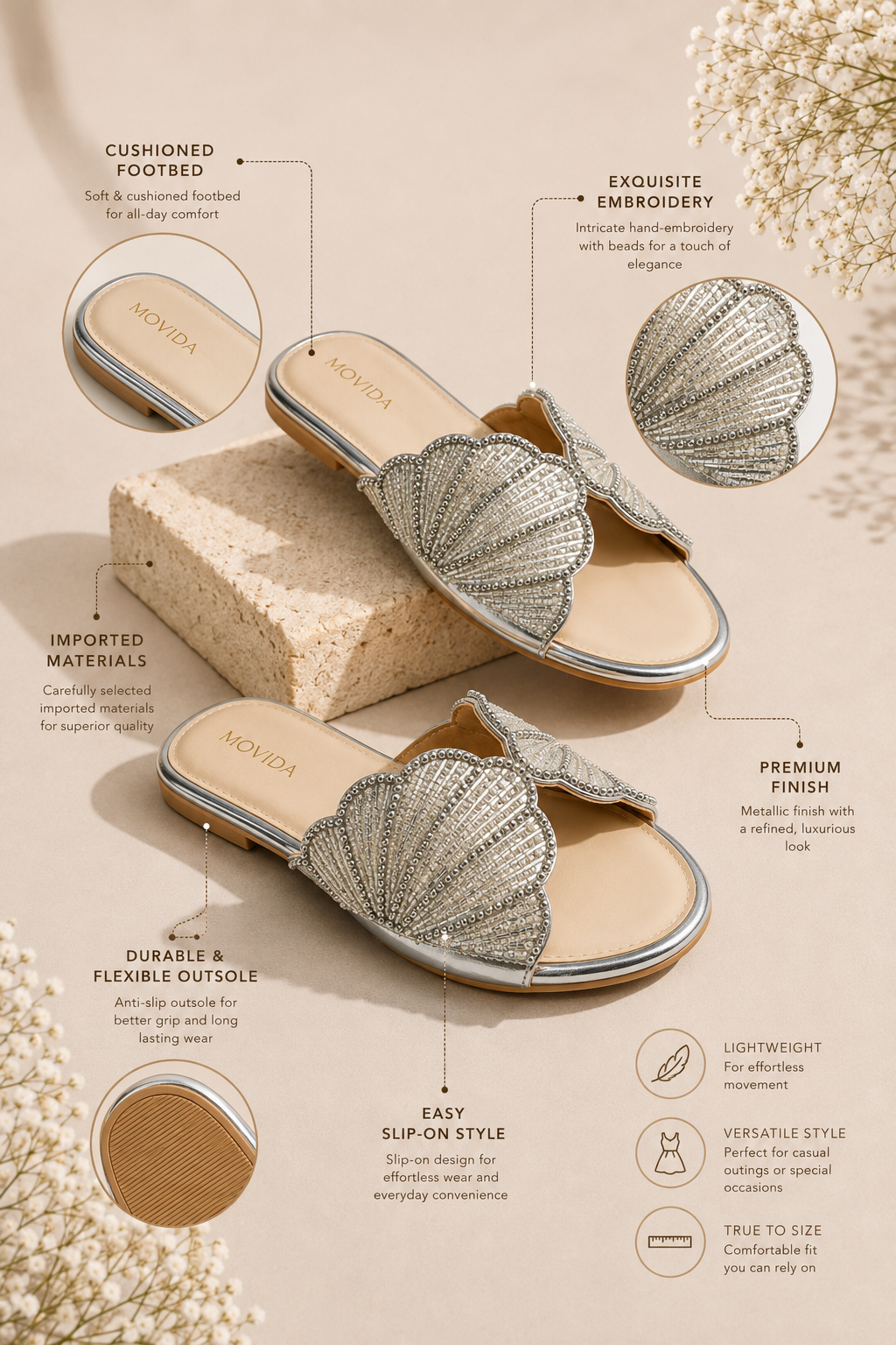 Lyra Pearl Embellished Wing Flat Slide – Silver