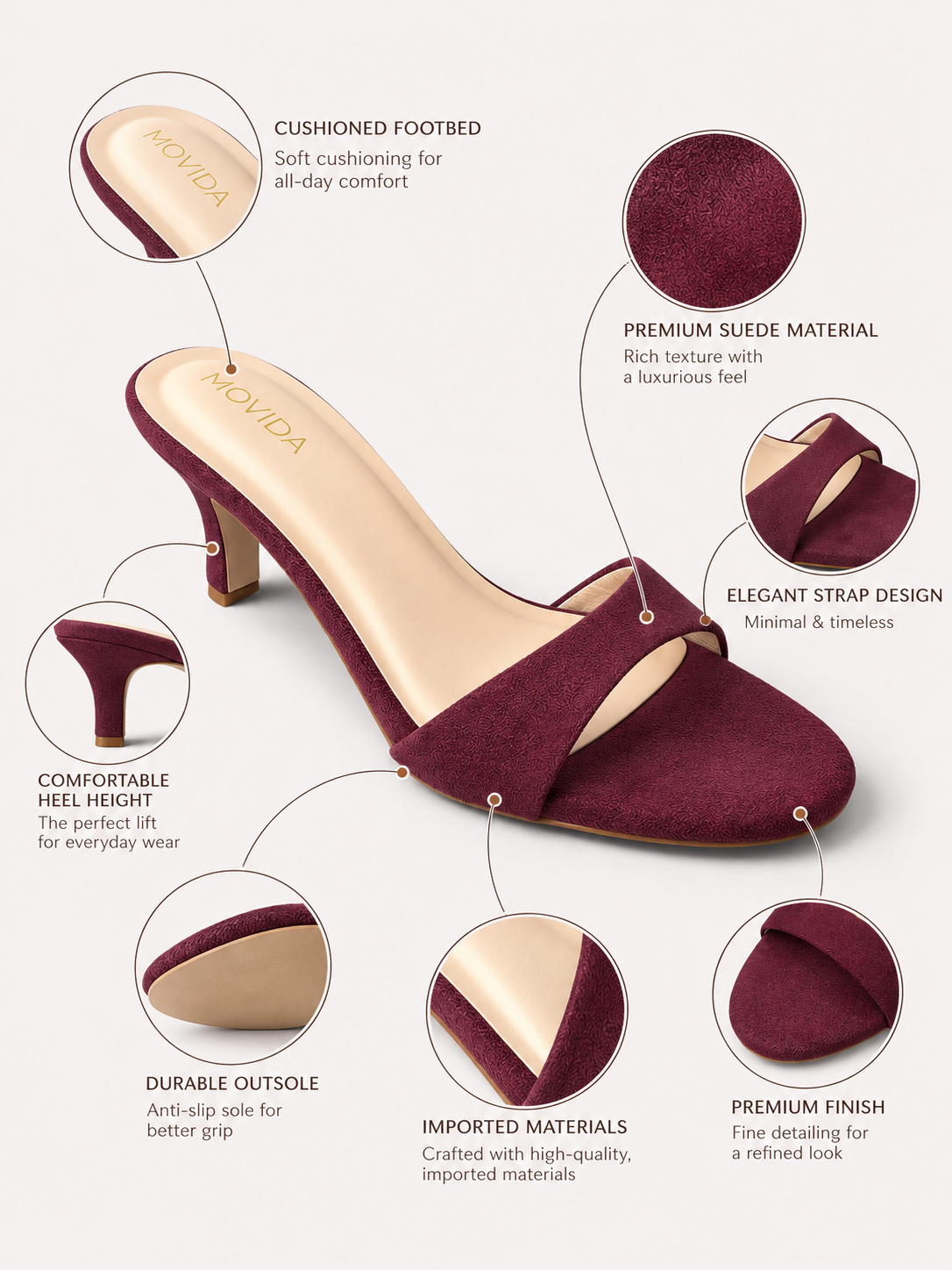 Rosette Suede Single Strap Kitten Heel Mule – Maroon