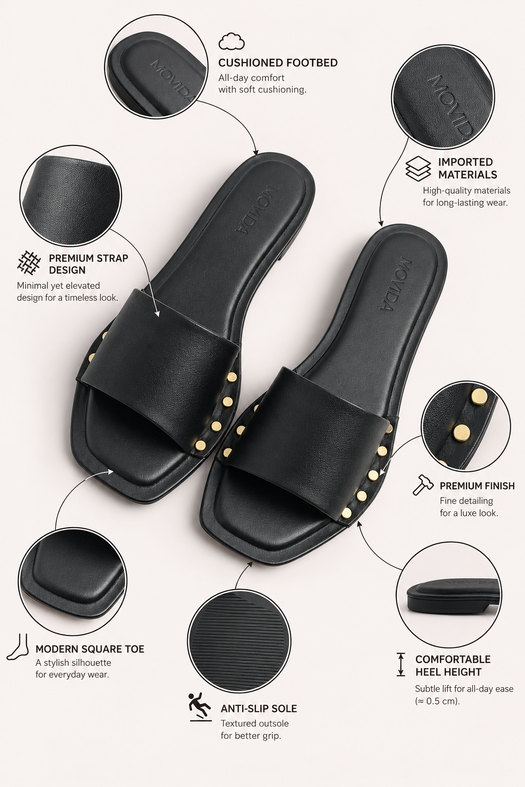 Kira Stud Flat Slide – Black