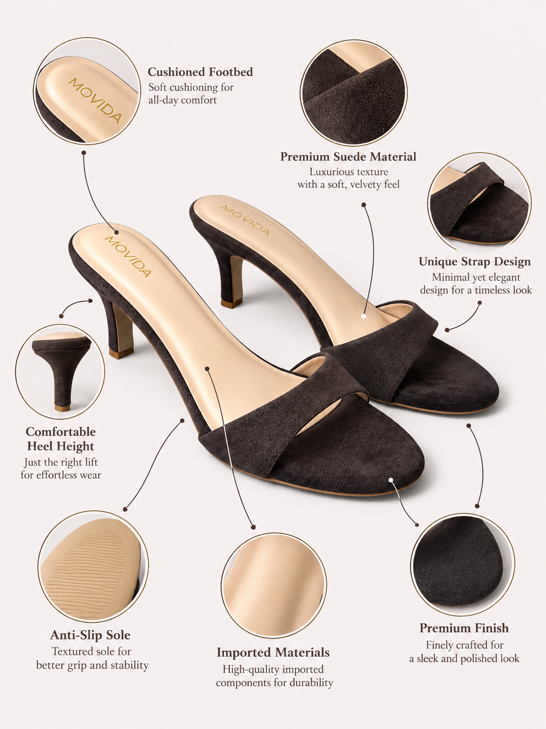 Rosette Suede Single Strap Kitten Heel Mule – Coffee Brown