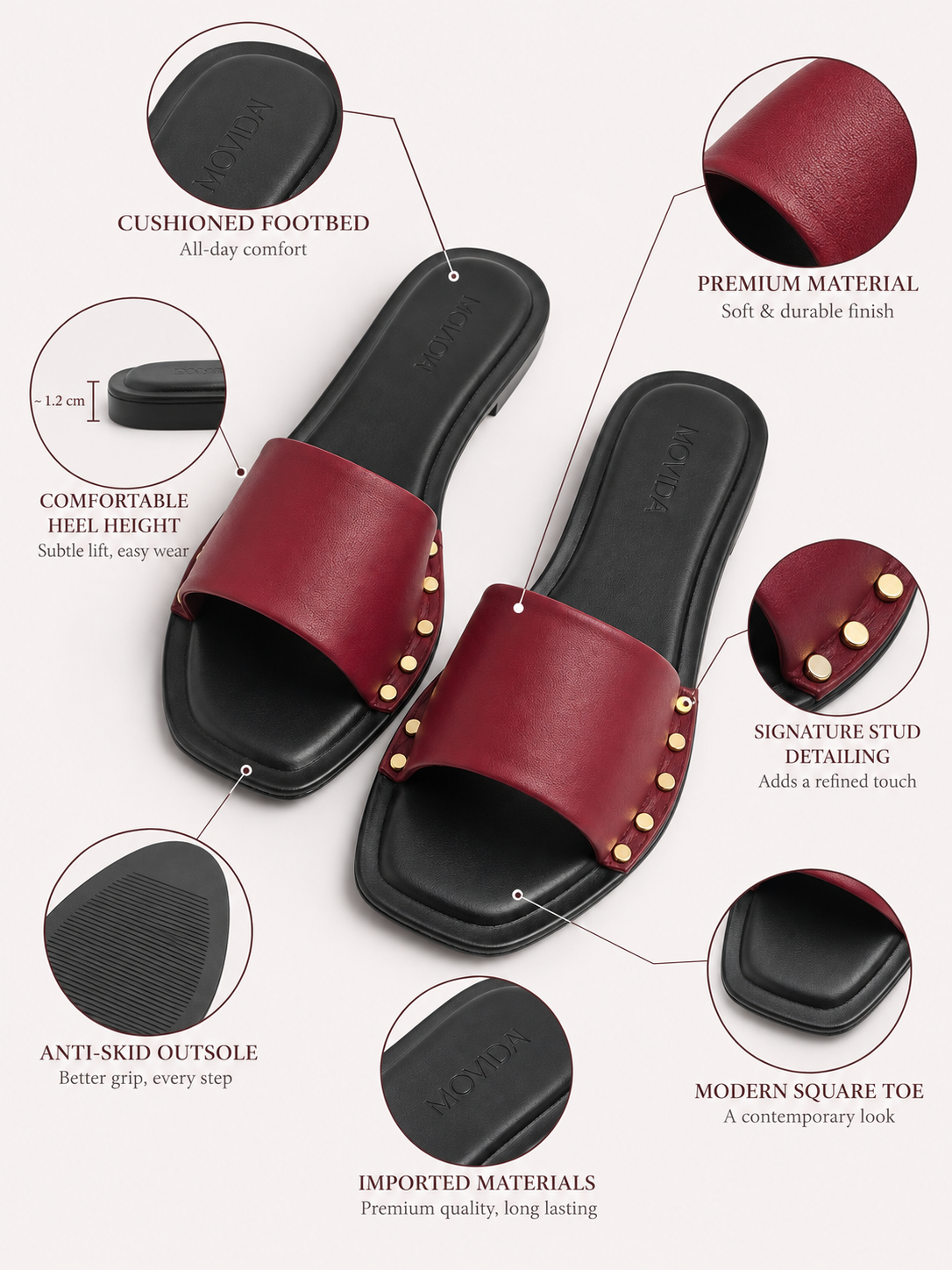 Kira Stud Flat Slide – Maroon