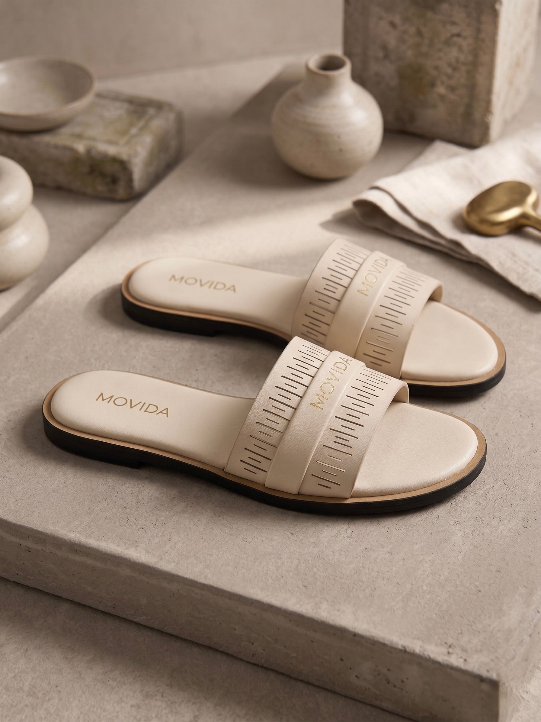 Lara Perforated Logo Strap Flat Slide – Cream